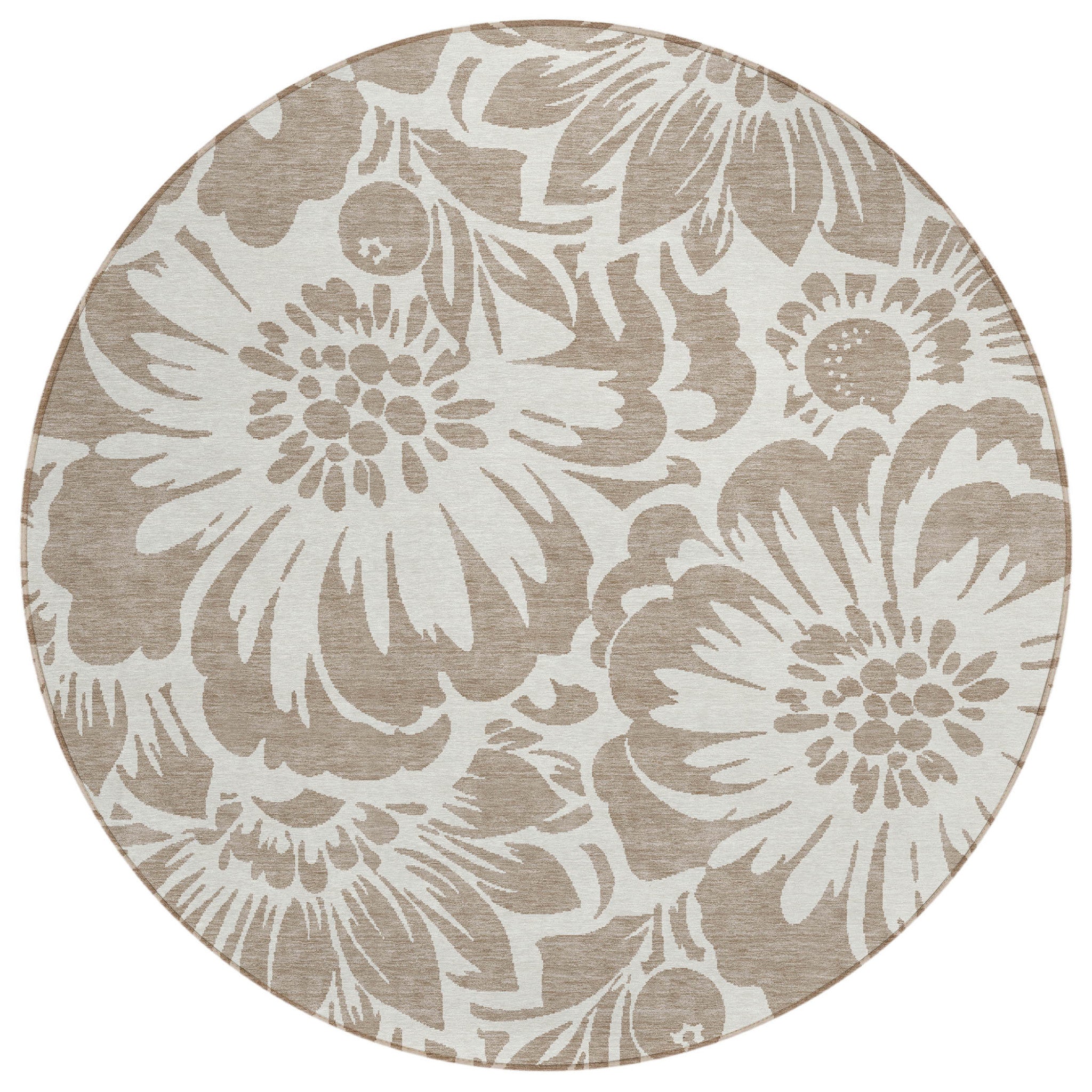 8' Round Taupe And Ivory Round Floral Washable Non Skid Indoor Outdoor Area Rug