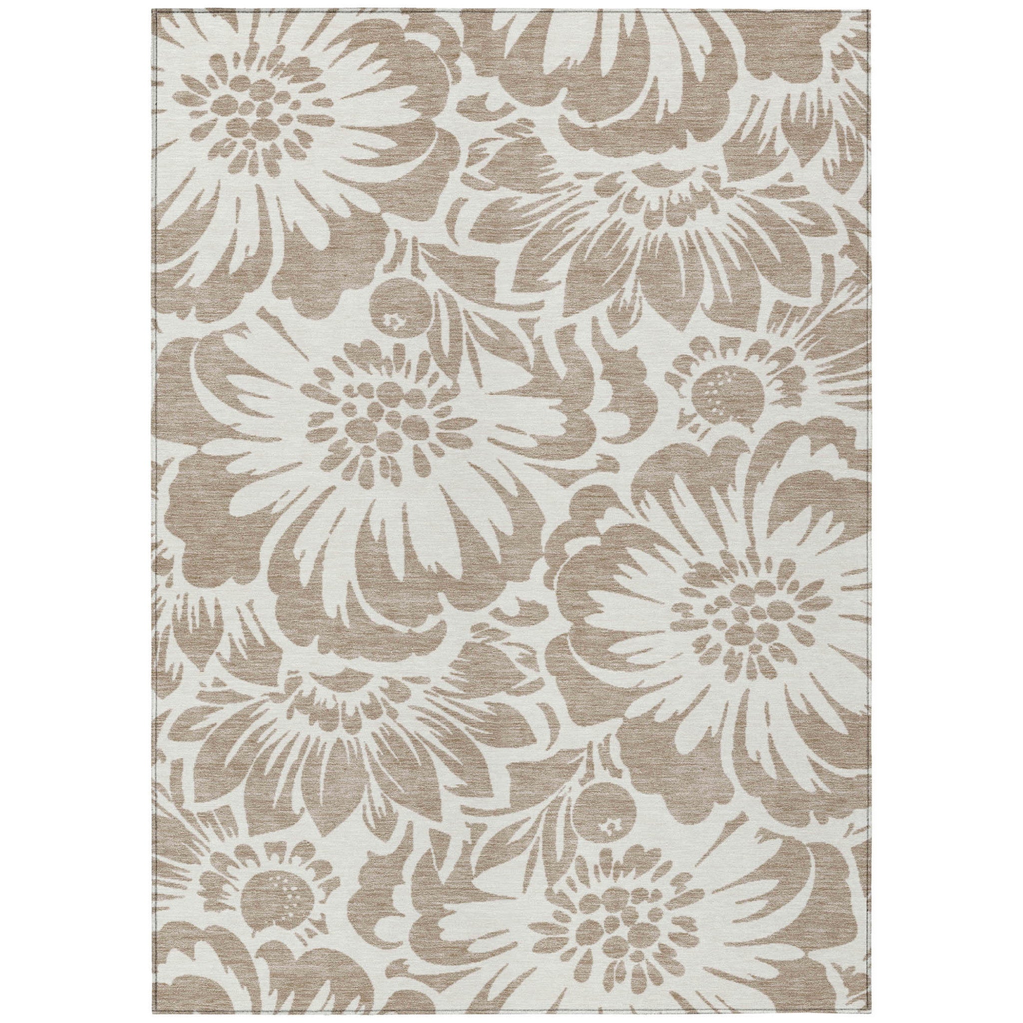 9' X 12' Taupe And Ivory Floral Washable Non Skid Indoor Outdoor Area Rug