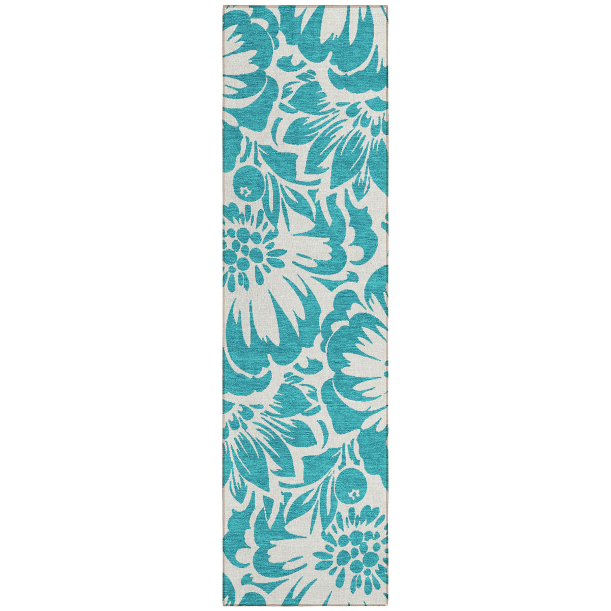 8' Runner Teal And Ivory Floral Washable Non Skid Indoor Outdoor Runner Rug