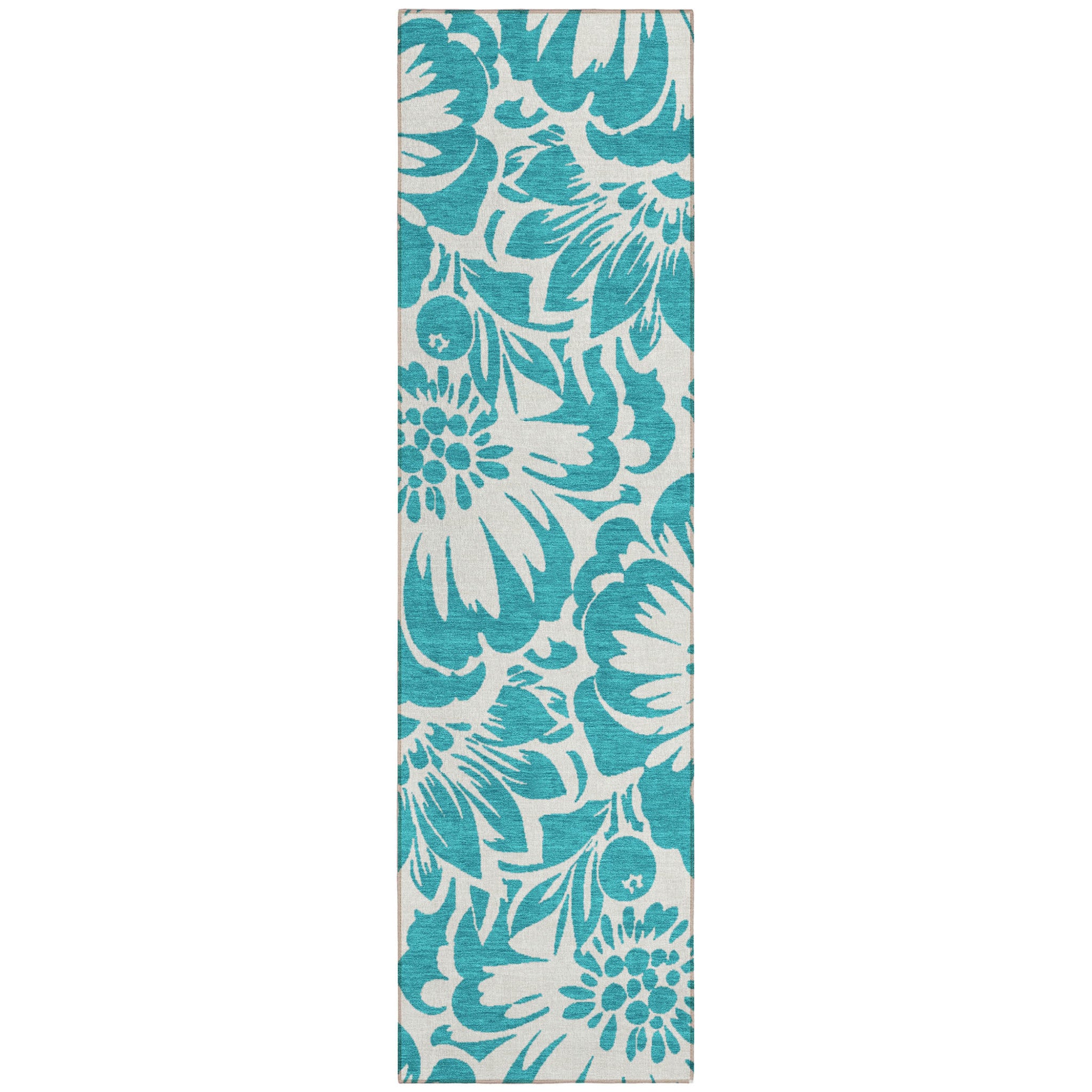 8' Runner Teal And Ivory Floral Washable Non Skid Indoor Outdoor Runner Rug