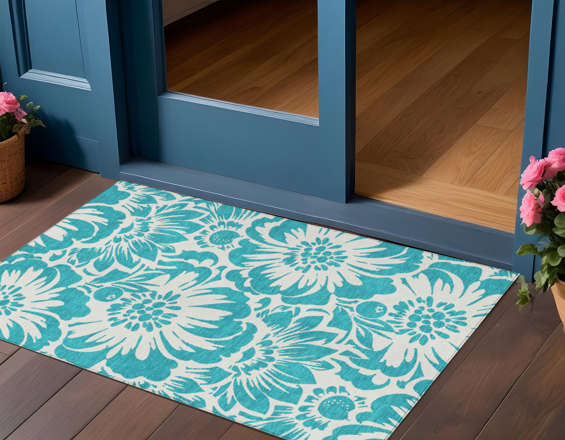 3' X 5' Teal And Ivory Floral Washable Non Skid Indoor Outdoor Area Rug