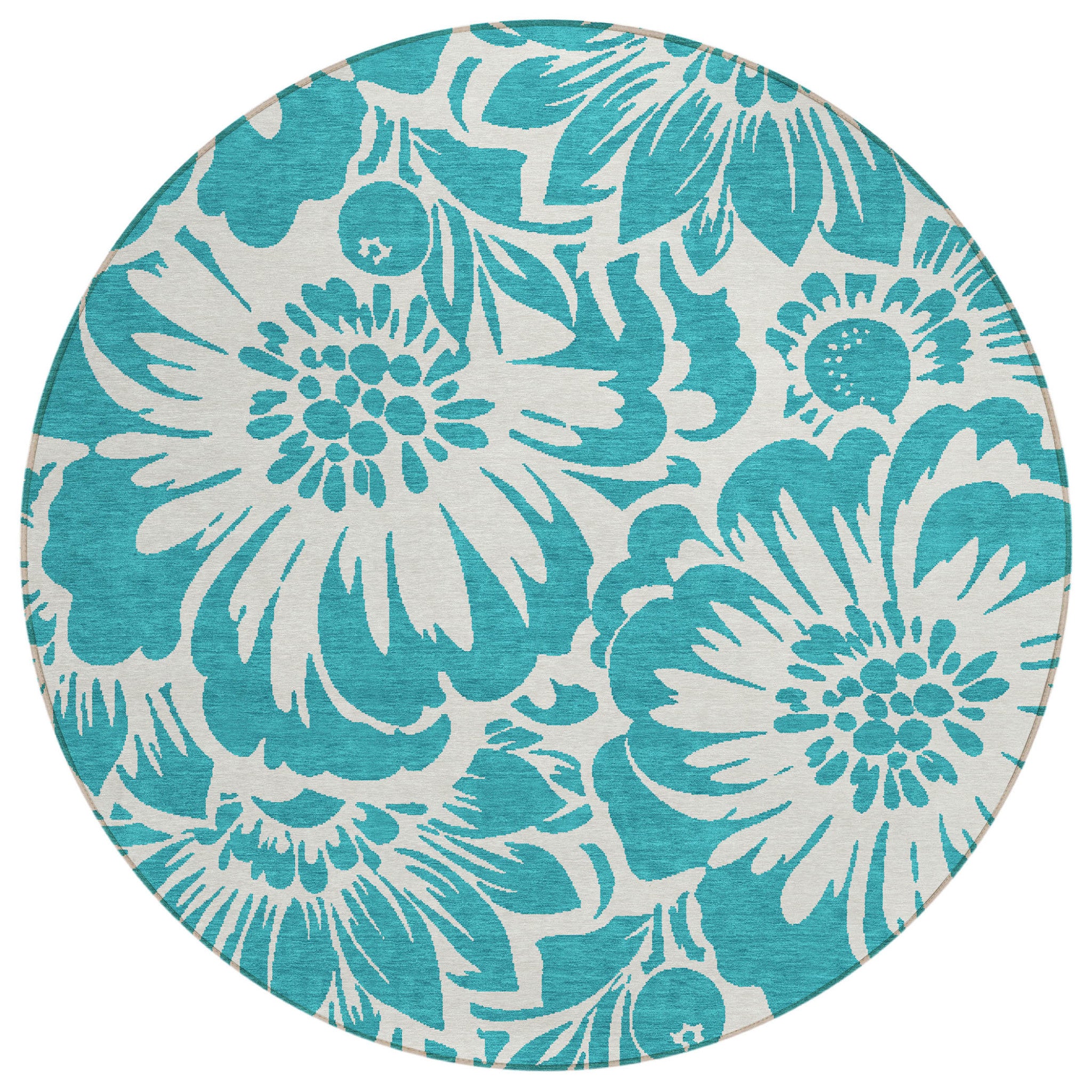8' Round Teal And Ivory Round Floral Washable Non Skid Indoor Outdoor Area Rug