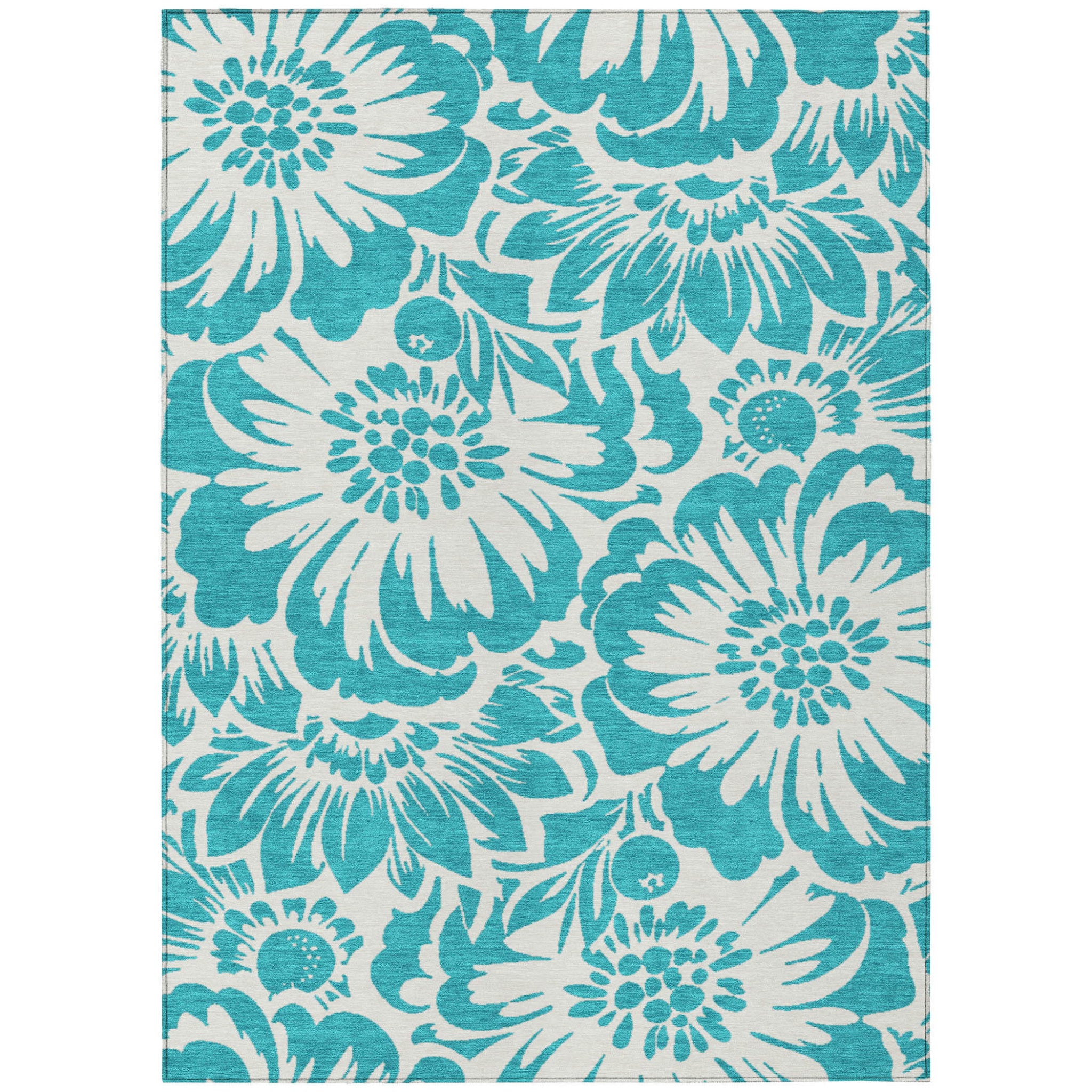 9' X 12' Teal And Ivory Floral Washable Non Skid Indoor Outdoor Area Rug