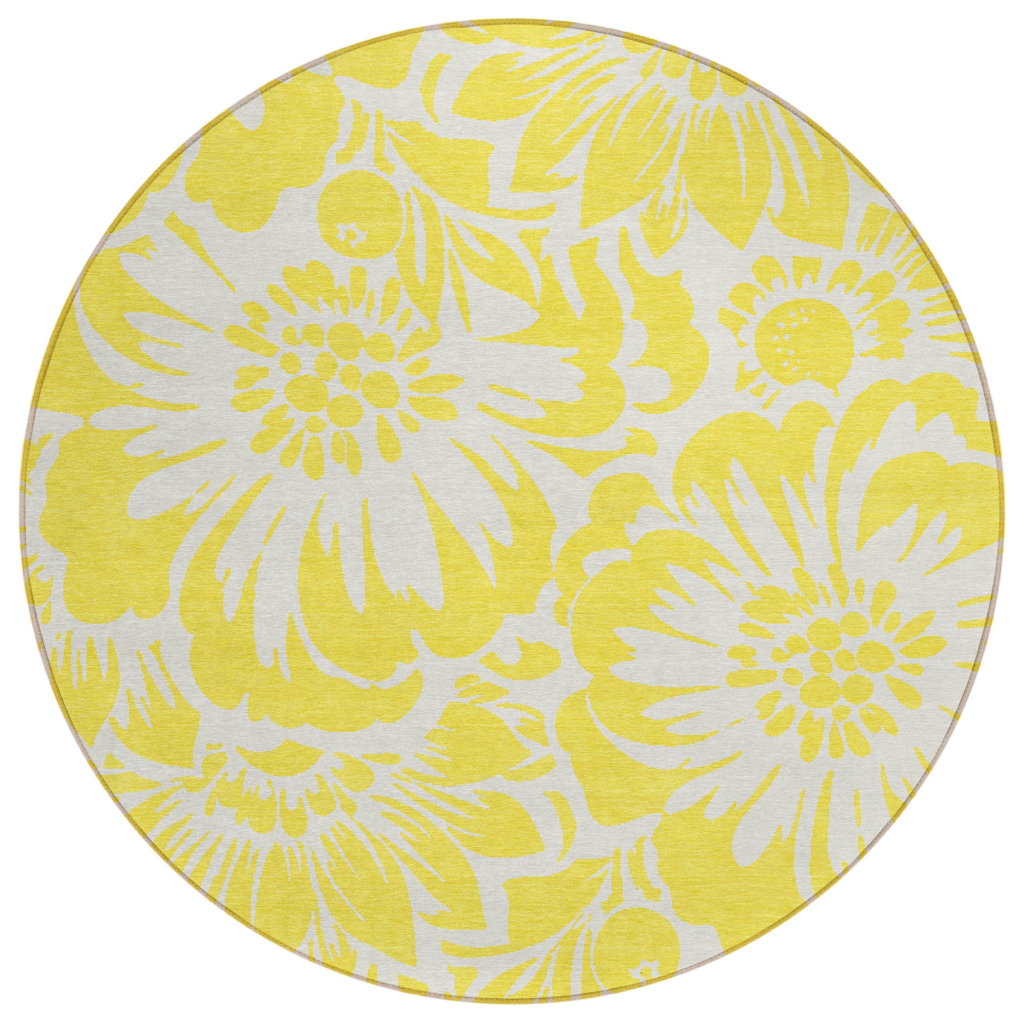 8' Round Yellow And Ivory Round Floral Washable Non Skid Indoor Outdoor Area Rug