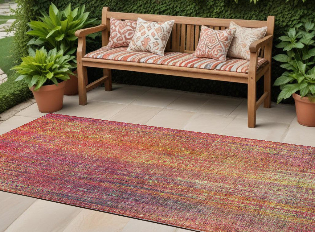 8' Runner Red And Orange Striped Washable Non Skid Indoor Outdoor Runner Rug