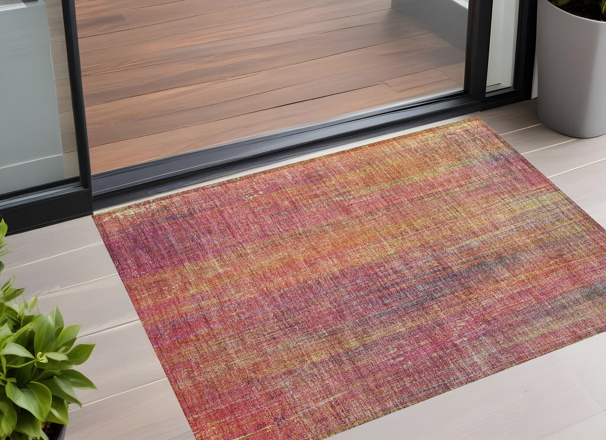 3' X 5' Red And Orange Striped Washable Non Skid Indoor Outdoor Area Rug