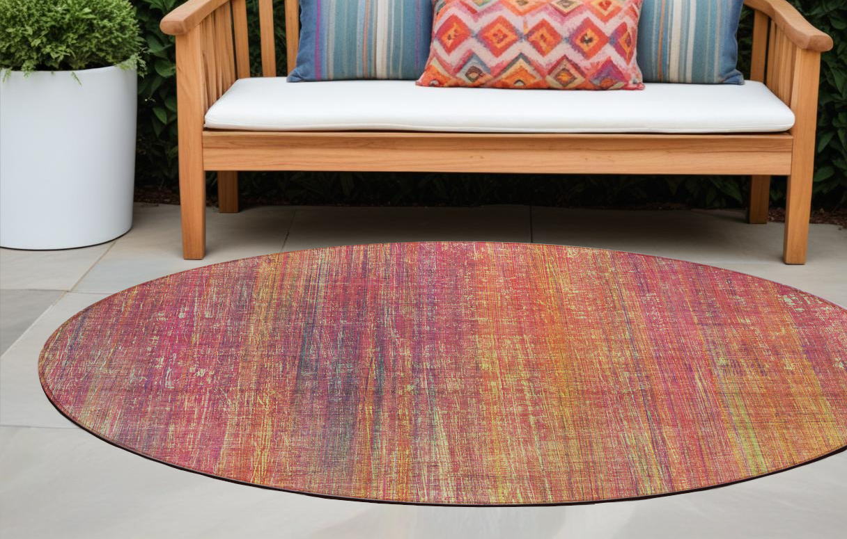 8' Round Red And Orange Round Striped Washable Non Skid Indoor Outdoor Area Rug