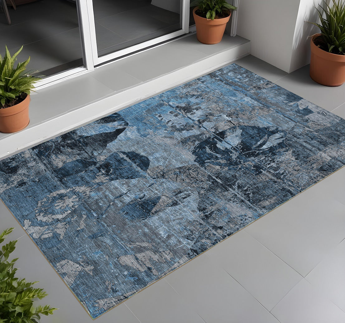 2' X 3' Blue And Dark Blue Floral Washable Non Skid Indoor Outdoor Area Rug