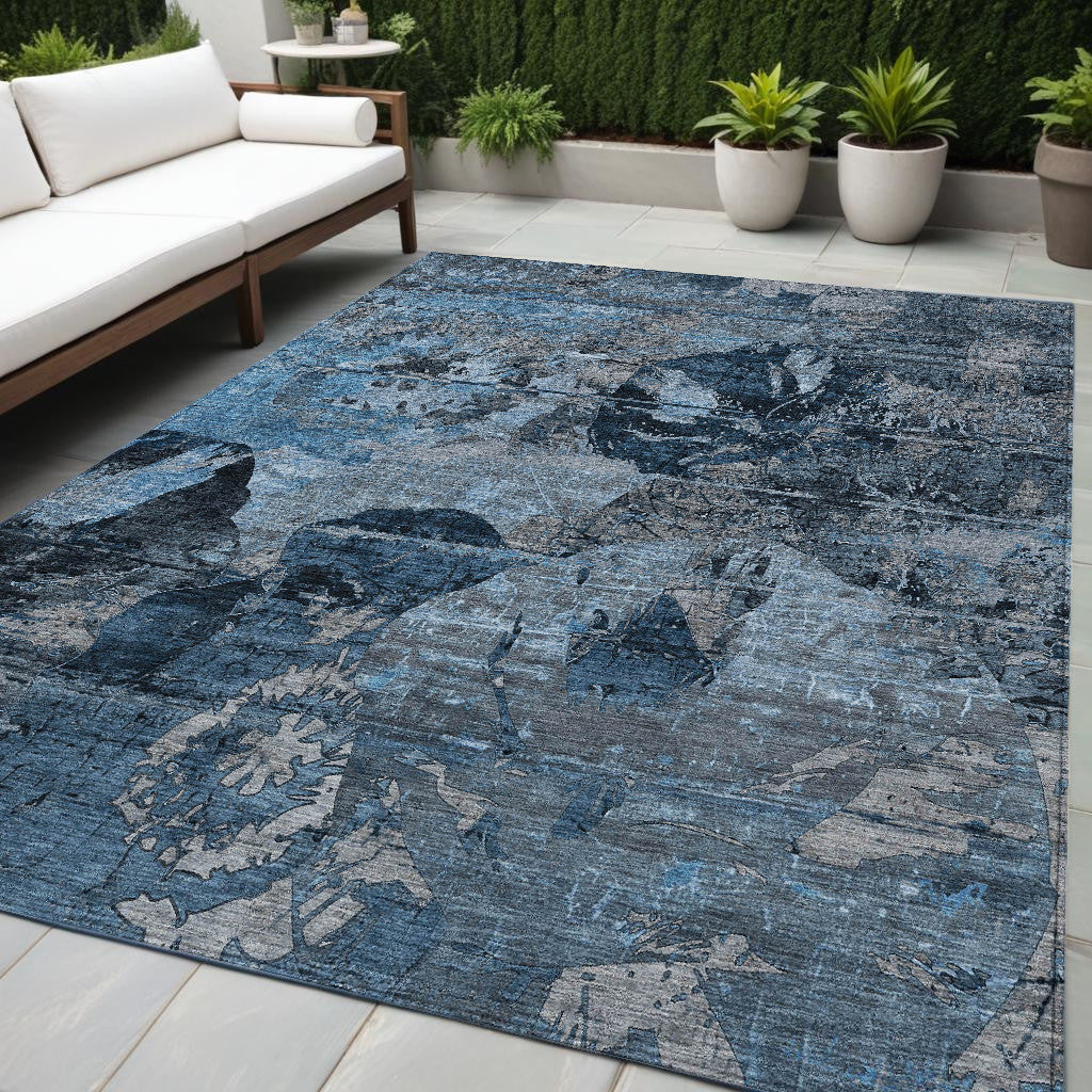 5' X 8' Blue And Dark Blue Floral Washable Non Skid Indoor Outdoor Area Rug