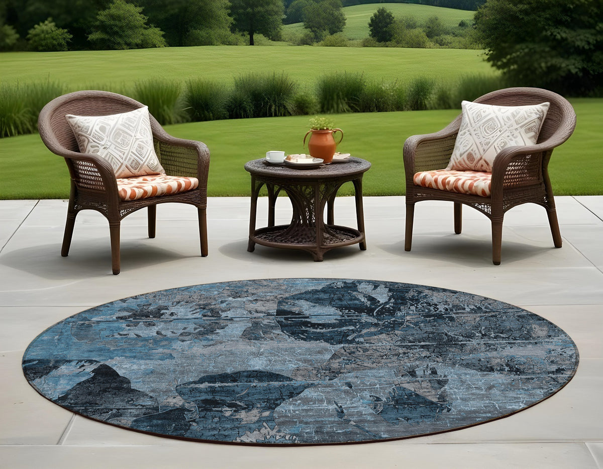 8' Round Blue And Dark Blue Round Floral Washable Non Skid Indoor Outdoor Area Rug