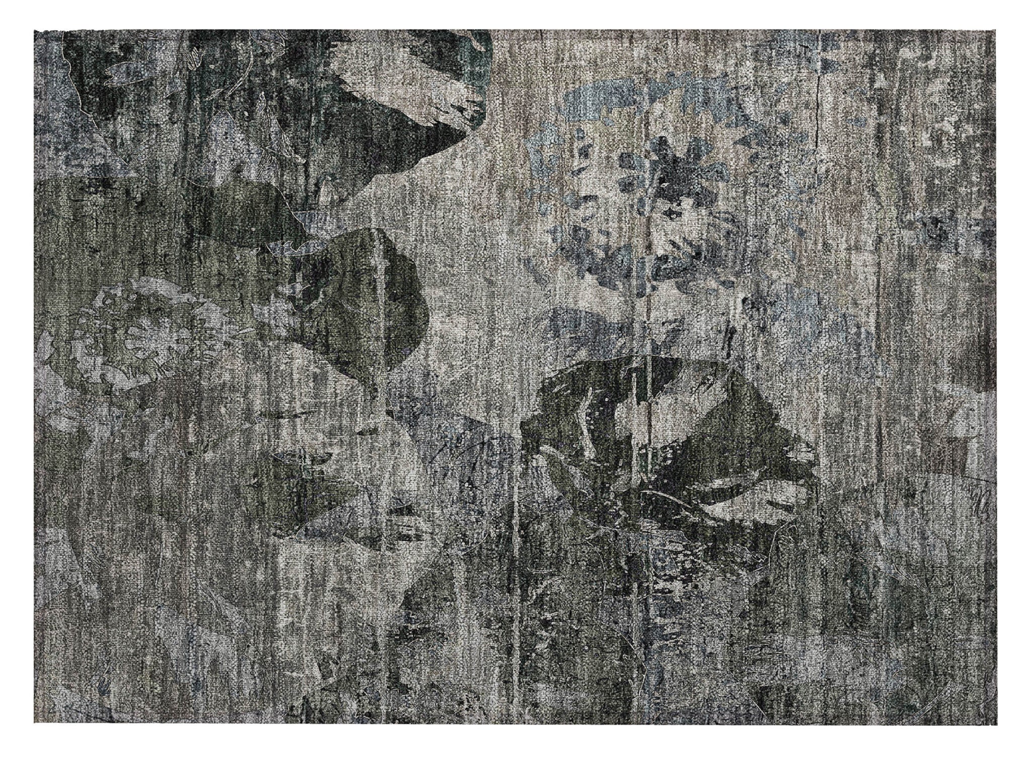 2' X 3' Gray Dark Green And Black Floral Washable Non Skid Indoor Outdoor Area Rug