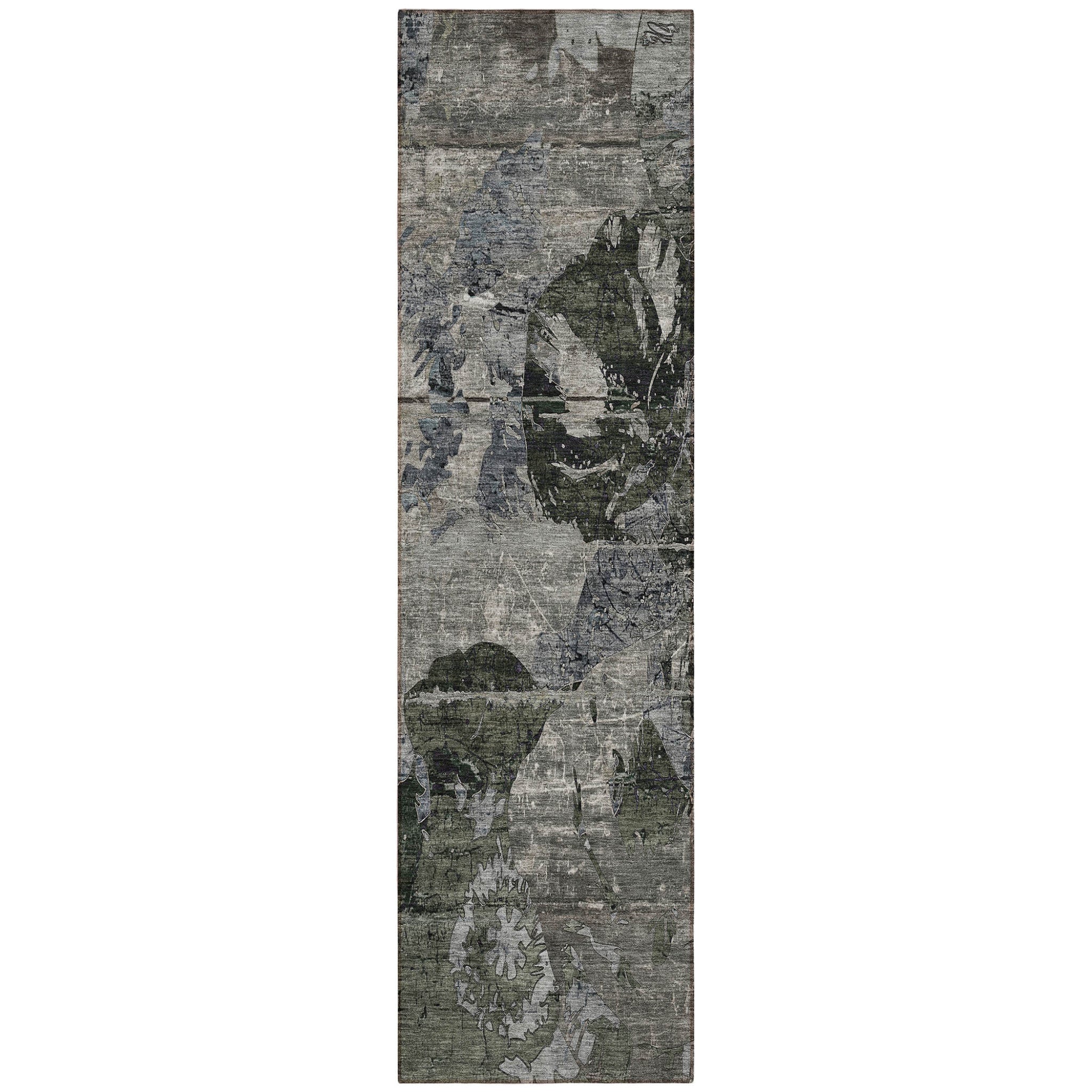 8' Runner Gray Dark Green And Black Floral Washable Non Skid Indoor Outdoor Runner Rug