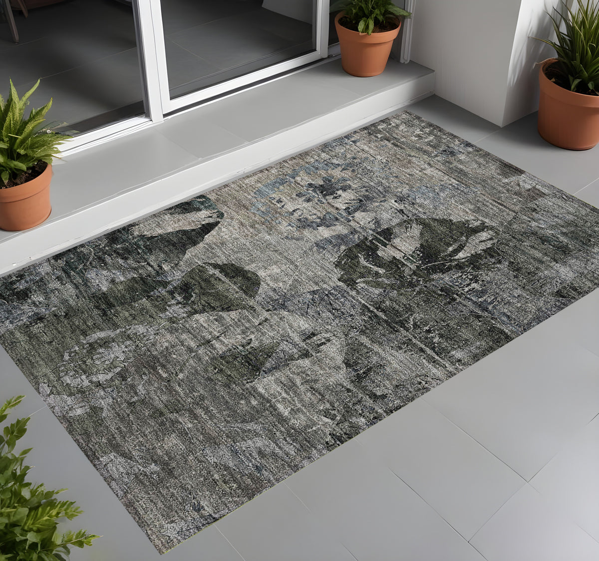 3' X 5' Gray Dark Green And Black Floral Washable Non Skid Indoor Outdoor Area Rug
