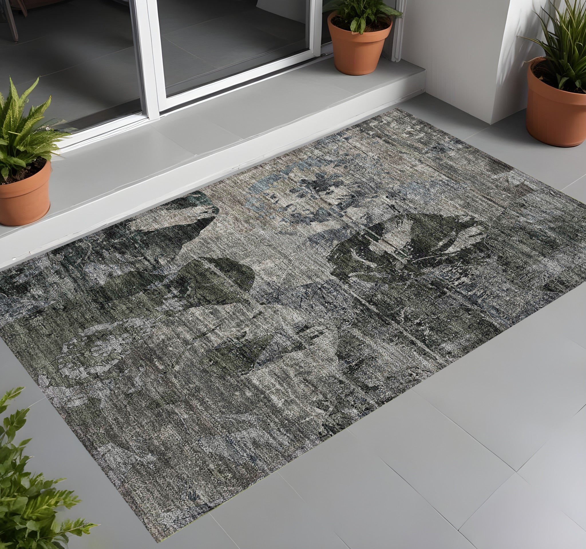 3' X 5' Gray Dark Green And Black Floral Washable Non Skid Indoor Outdoor Area Rug