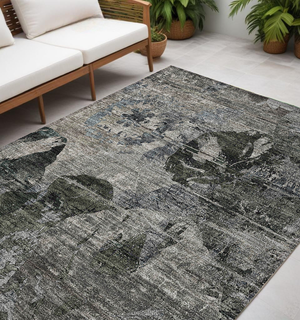 5' X 8' Gray Dark Green And Black Floral Washable Non Skid Indoor Outdoor Area Rug