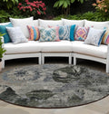 8' Round Gray Dark Green And Black Round Floral Washable Non Skid Indoor Outdoor Area Rug