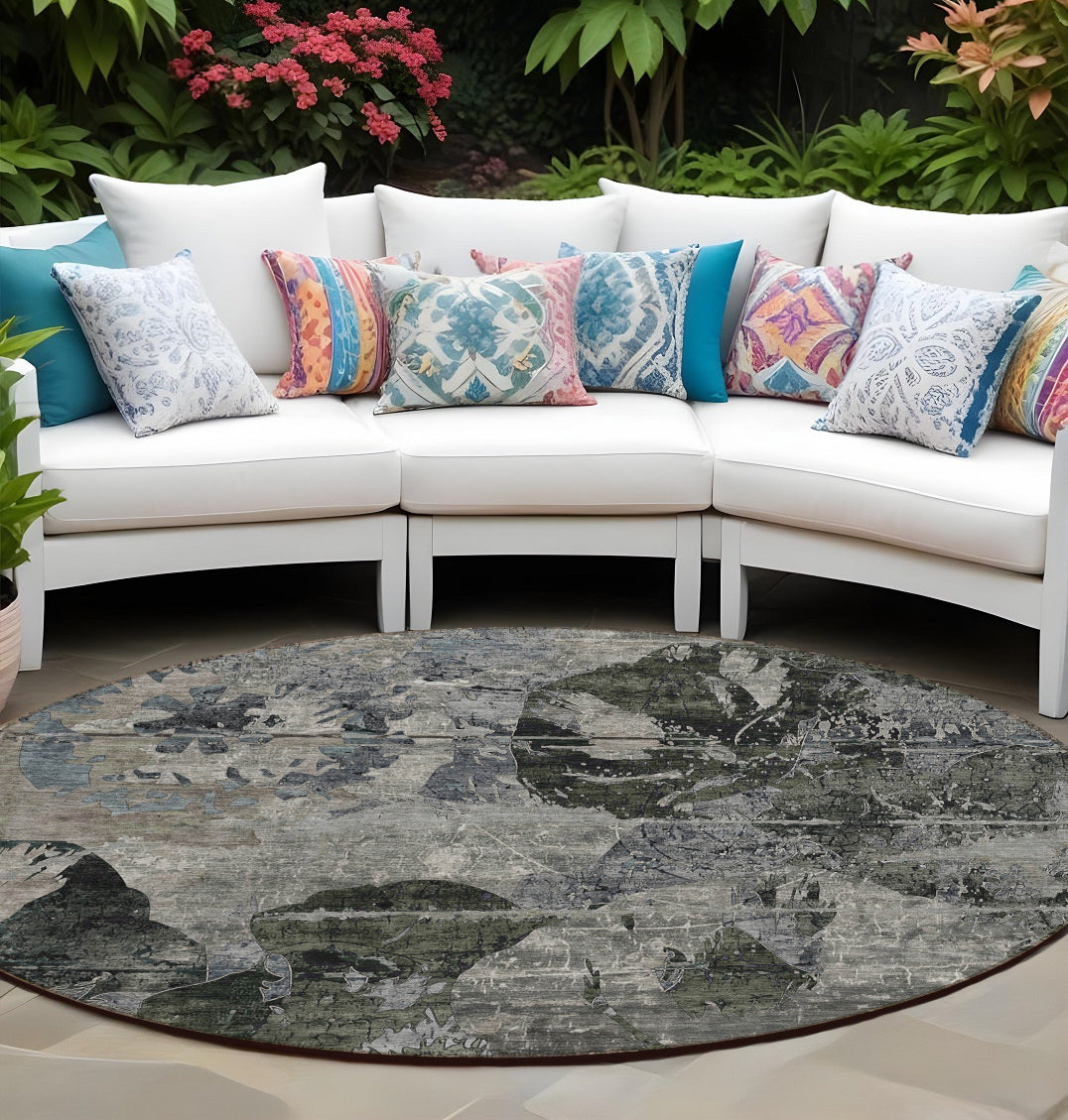 8' Round Gray Dark Green And Black Round Floral Washable Non Skid Indoor Outdoor Area Rug