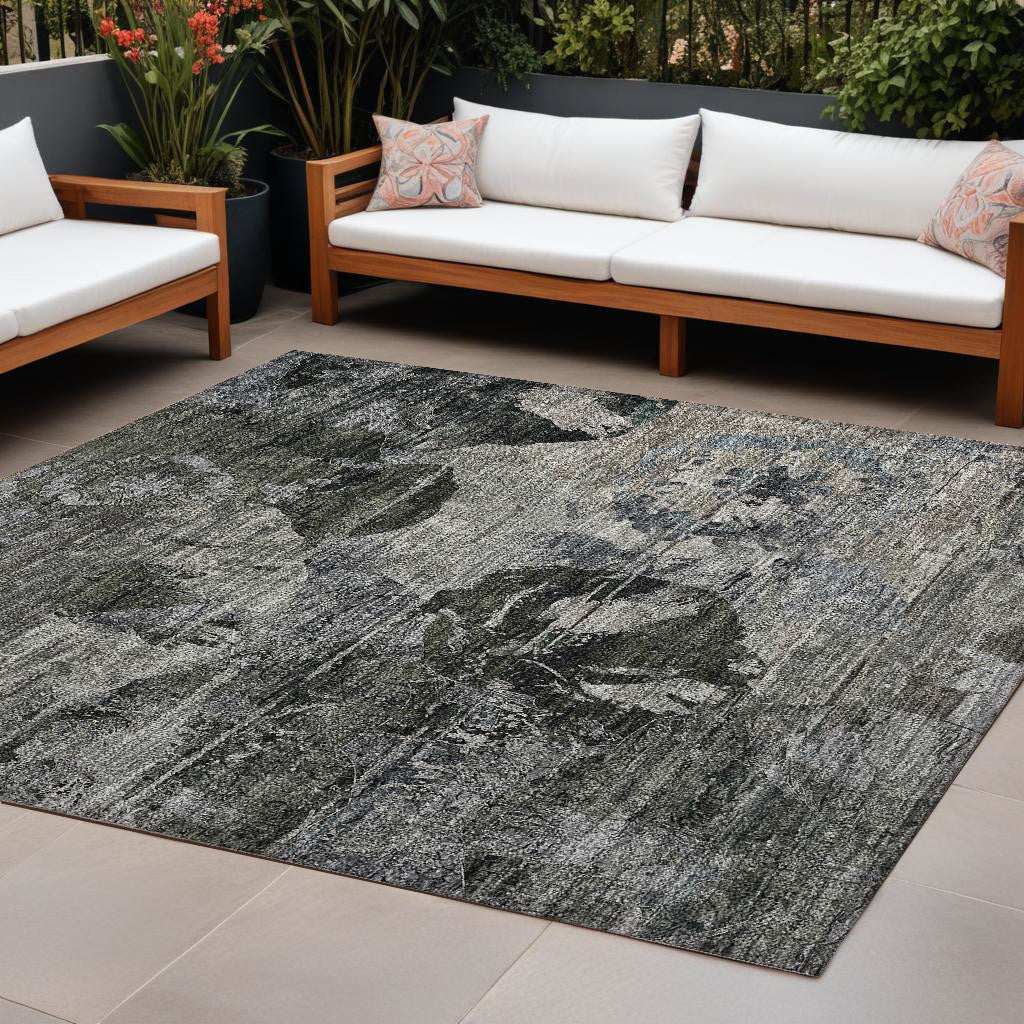 10' X 14' Gray Dark Green And Black Floral Washable Non Skid Indoor Outdoor Area Rug