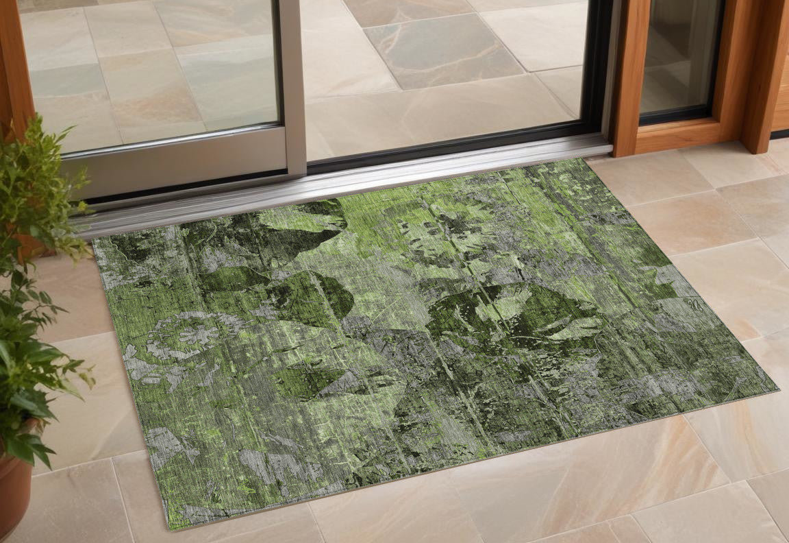 3' X 5' Green And Gray Floral Washable Non Skid Indoor Outdoor Area Rug