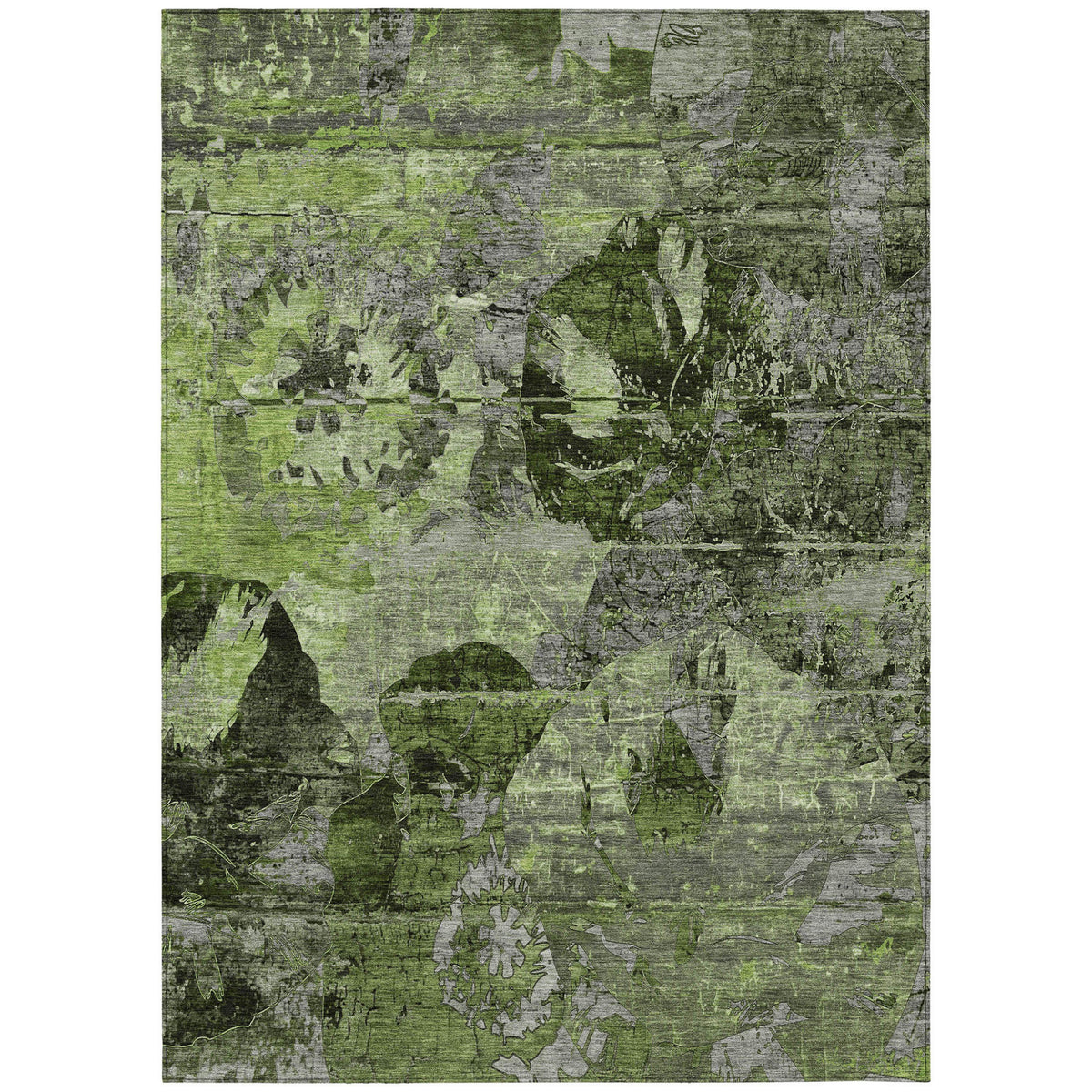 5' X 8' Green And Gray Floral Washable Non Skid Indoor Outdoor Area Rug