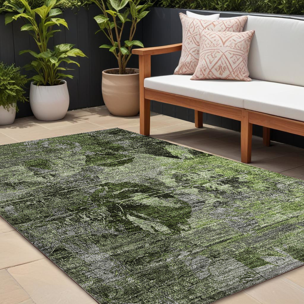 9' X 12' Green And Gray Floral Washable Non Skid Indoor Outdoor Area Rug