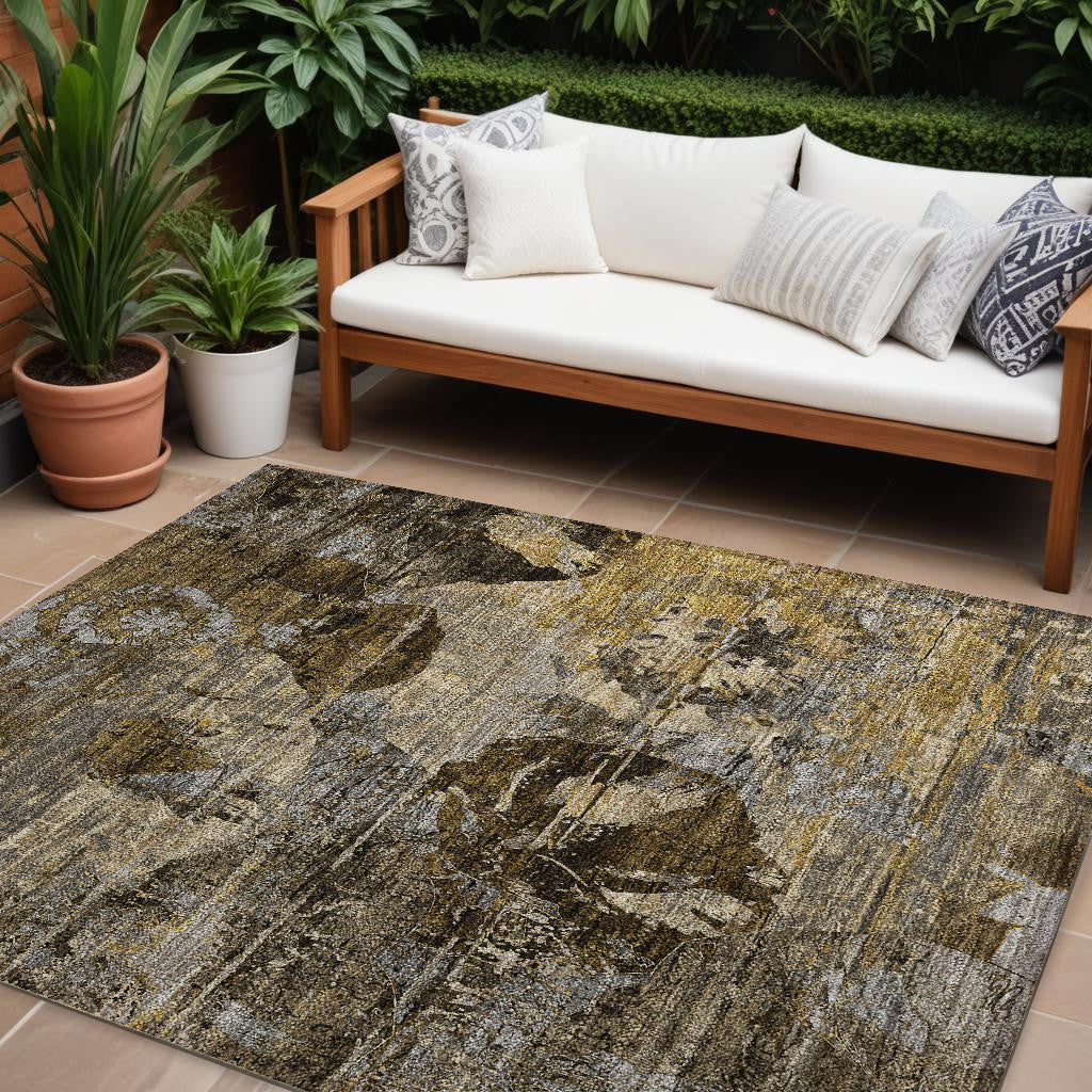 8' X 10' Brown Terracotta And Gray Floral Washable Non Skid Indoor Outdoor Area Rug