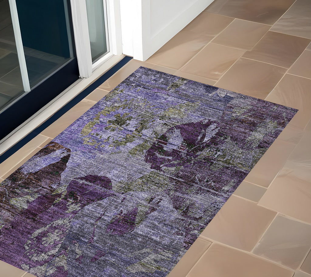 3' X 5' Purple And Green Floral Washable Non Skid Indoor Outdoor Area Rug