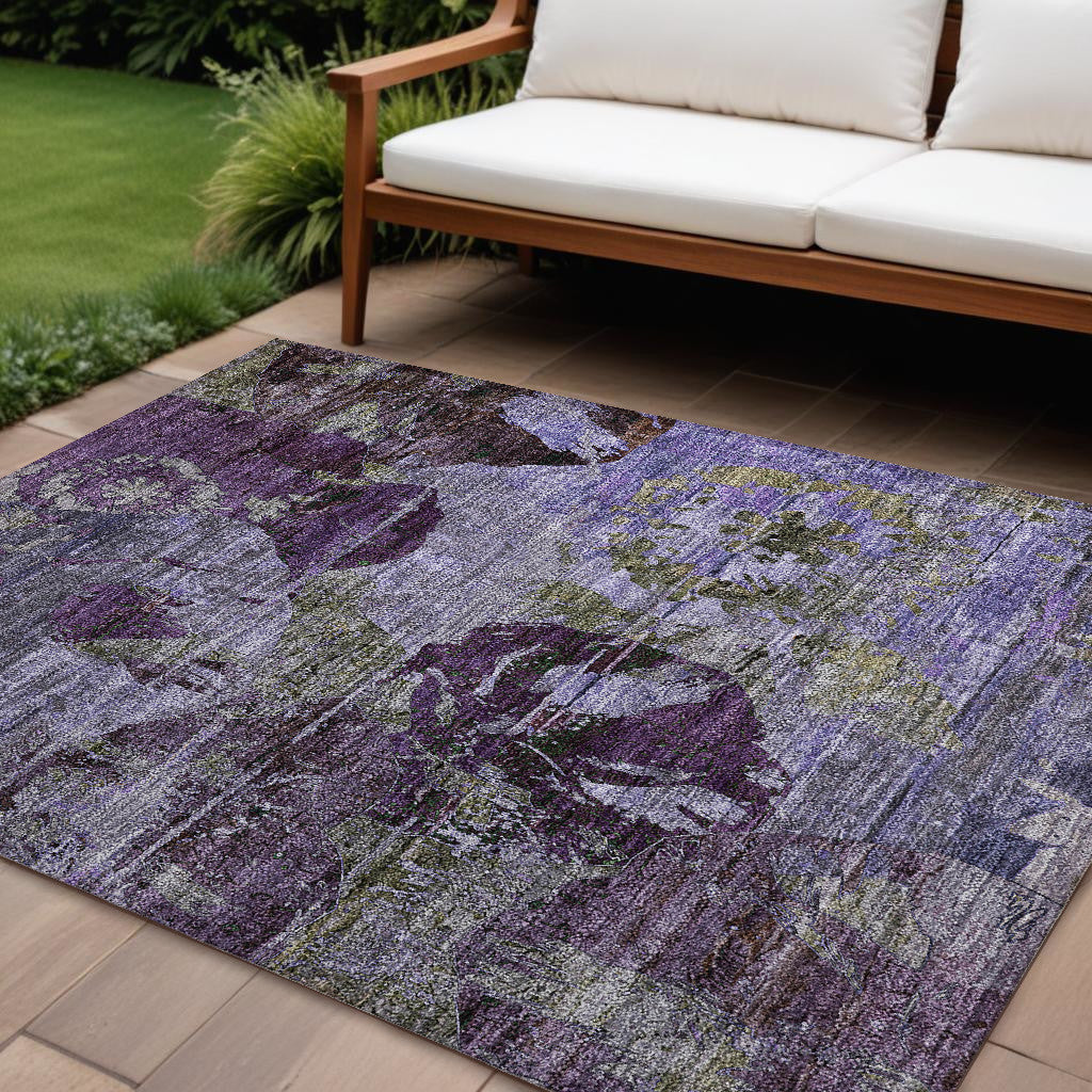 10' X 14' Purple And Green Floral Washable Non Skid Indoor Outdoor Area Rug