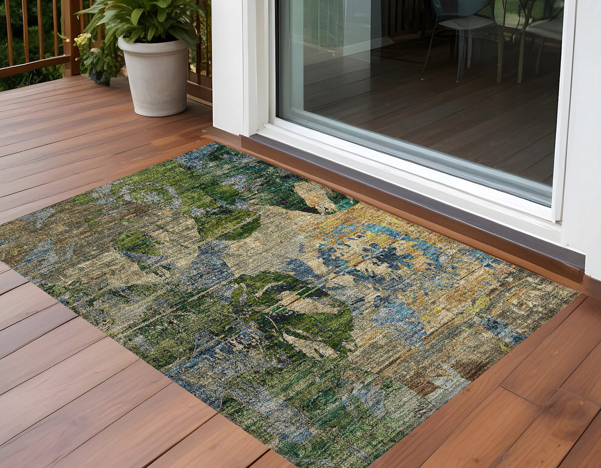 3' X 5' Taupe Blue And Green Floral Washable Non Skid Indoor Outdoor Area Rug