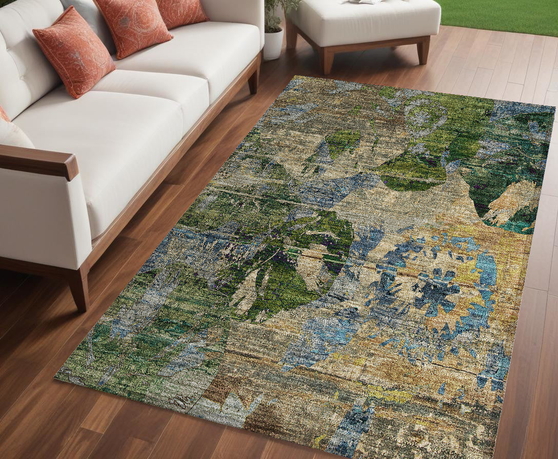 5' X 8' Taupe Blue And Green Floral Washable Non Skid Indoor Outdoor Area Rug