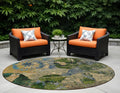 8' Round Taupe Blue And Green Round Floral Washable Non Skid Indoor Outdoor Area Rug