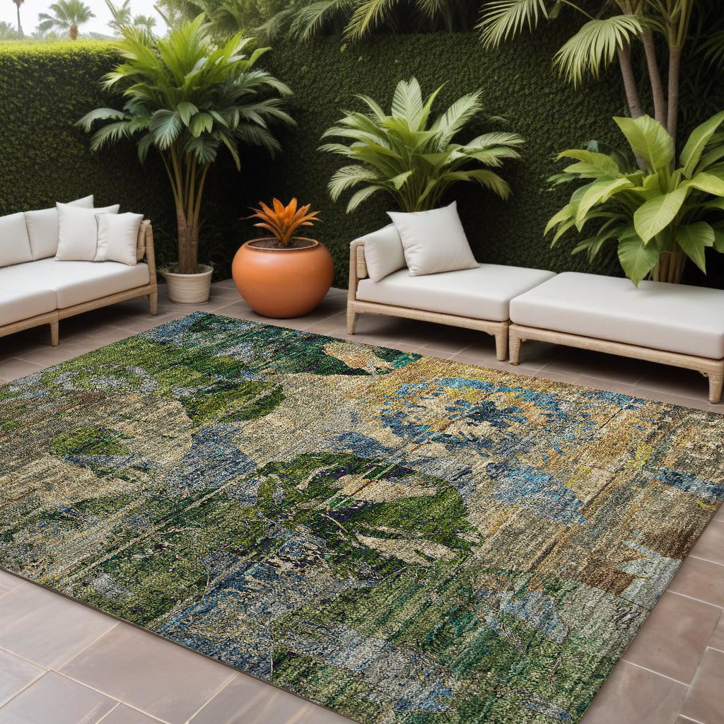 9' X 12' Taupe Blue And Green Floral Washable Non Skid Indoor Outdoor Area Rug