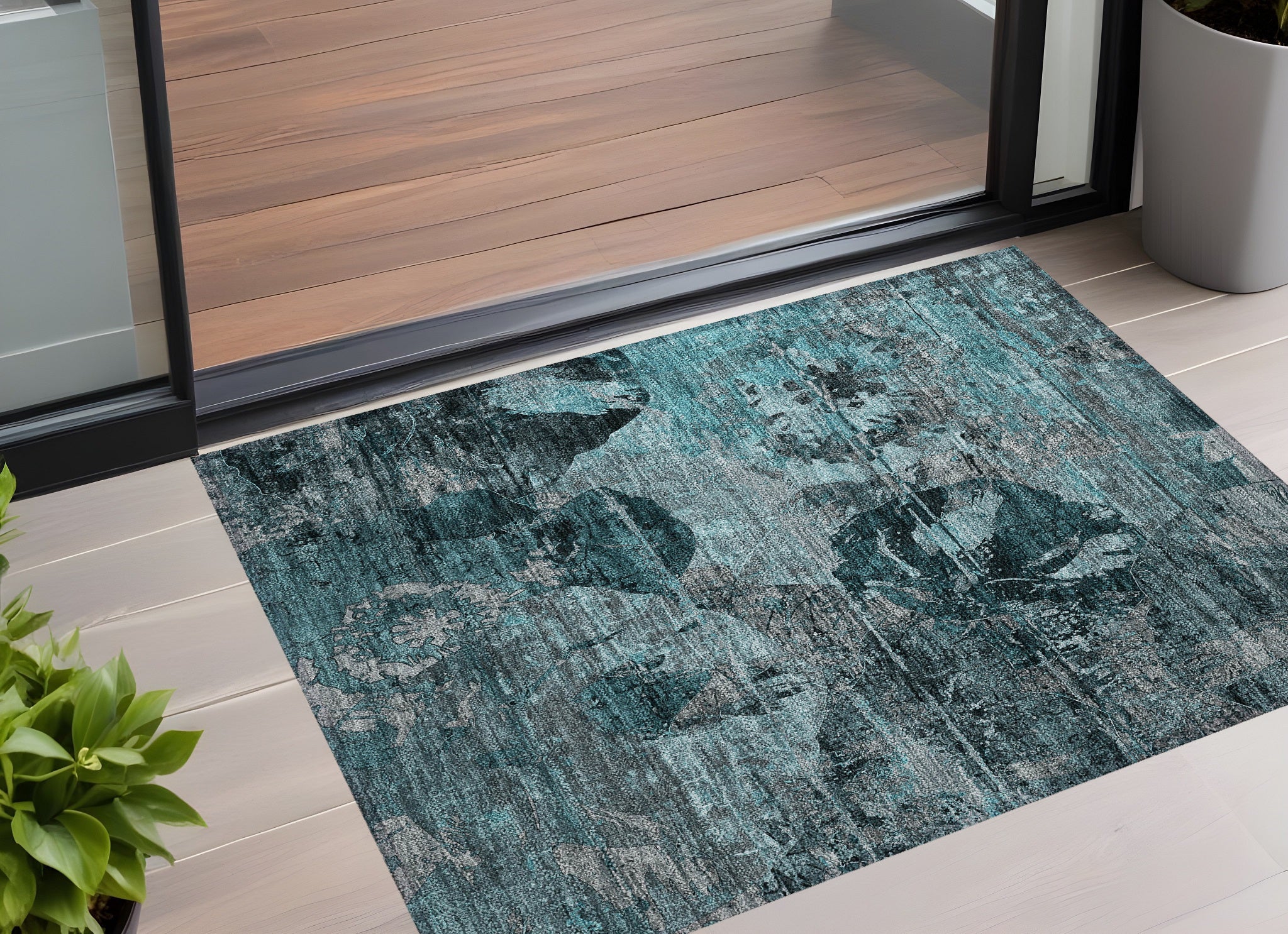 2' X 3' Teal And Gray Floral Washable Non Skid Indoor Outdoor Area Rug