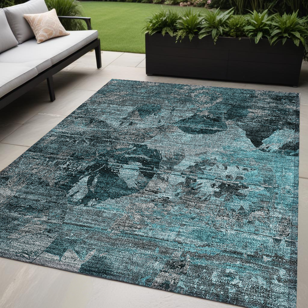 5' X 8' Teal And Gray Floral Washable Non Skid Indoor Outdoor Area Rug