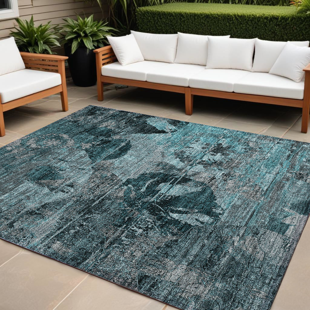 9' X 12' Teal And Gray Floral Washable Non Skid Indoor Outdoor Area Rug