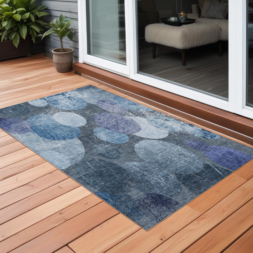3' X 5' Gray And Blue Abstract Washable Non Skid Indoor Outdoor Area Rug