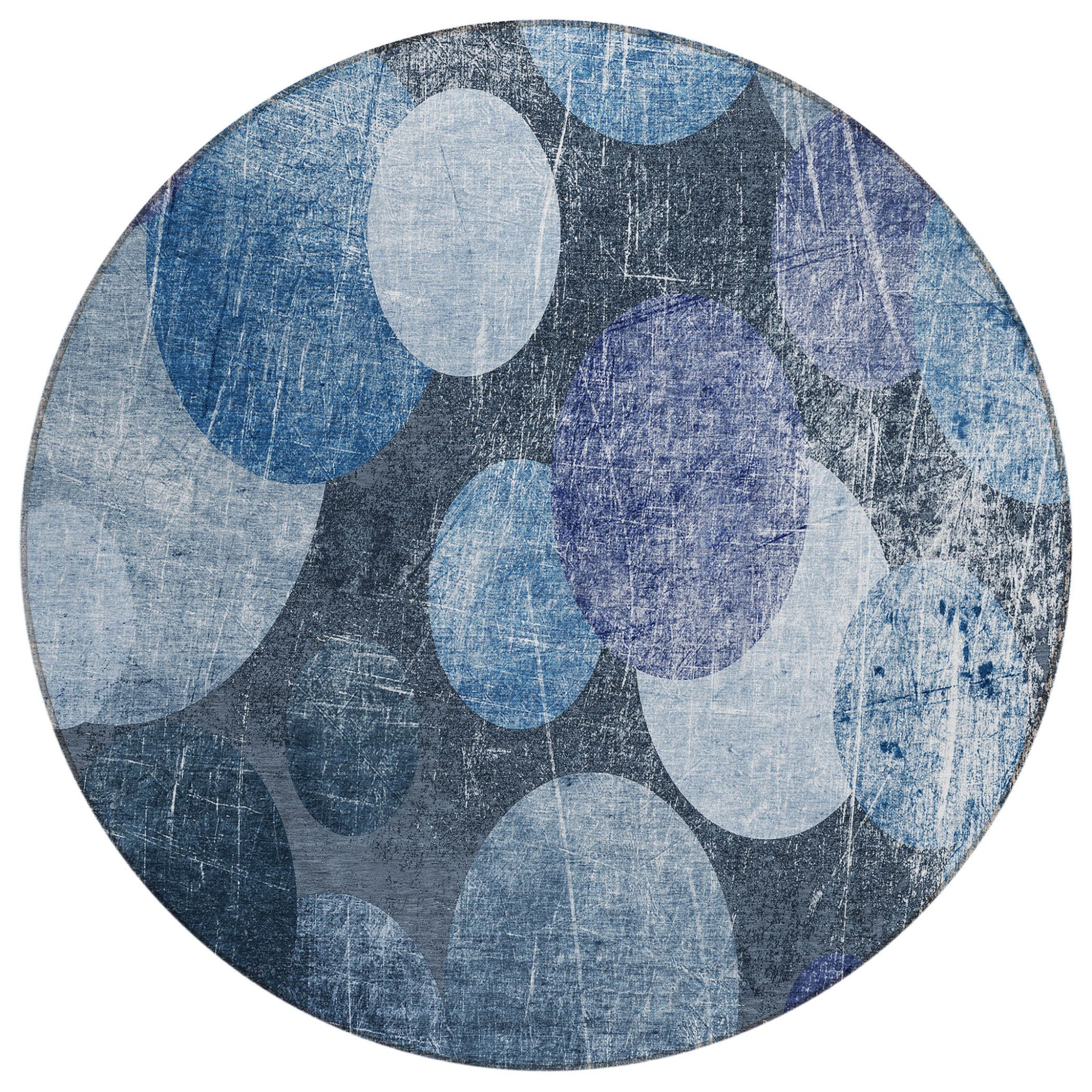 8' Round Gray And Blue Round Abstract Washable Non Skid Indoor Outdoor Area Rug