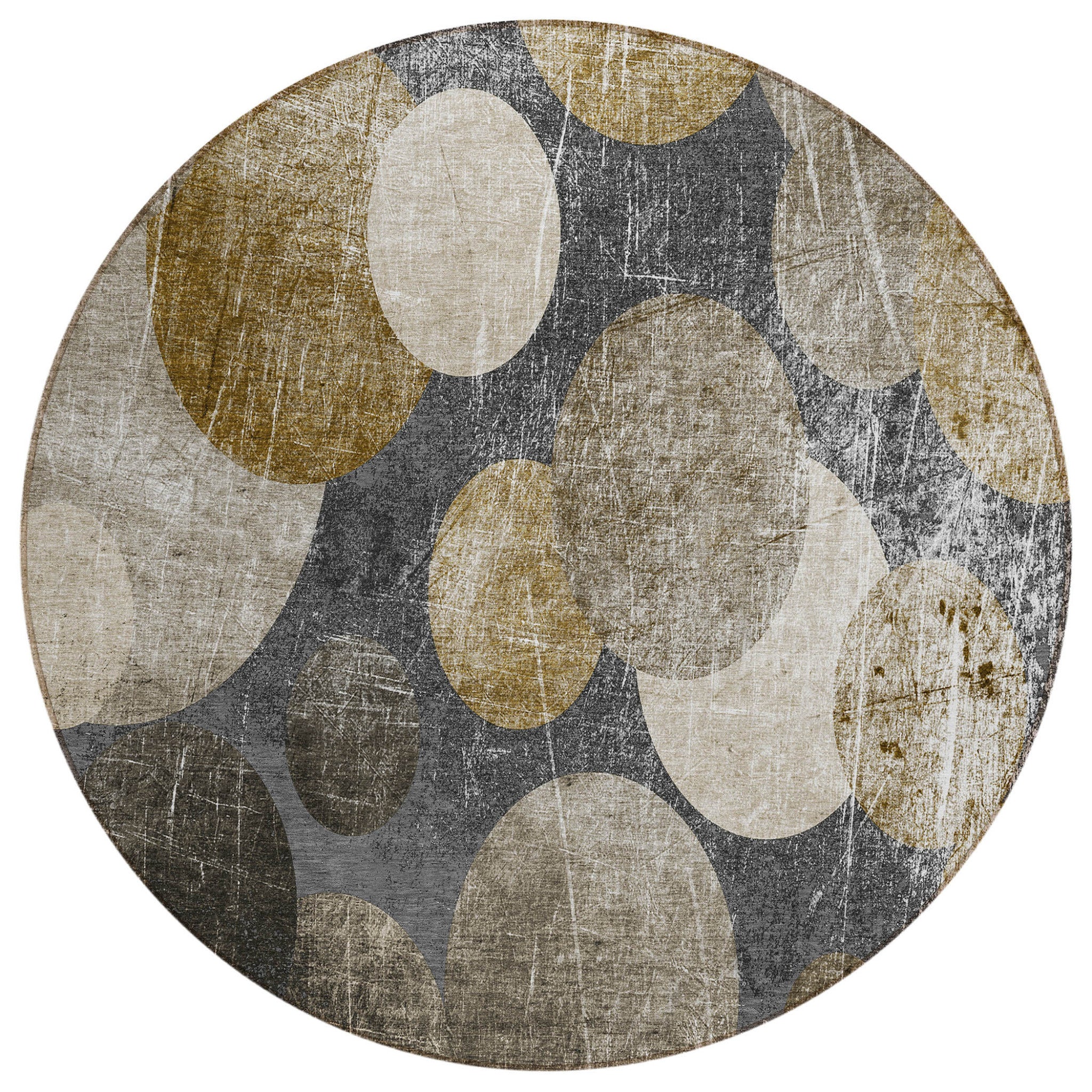 8' Round Brown Beige And Ivory Round Abstract Washable Non Skid Indoor Outdoor Area Rug