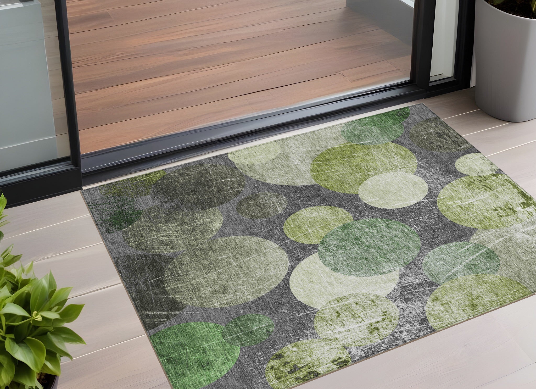 2' X 3' Green And Gray Abstract Washable Non Skid Indoor Outdoor Area Rug