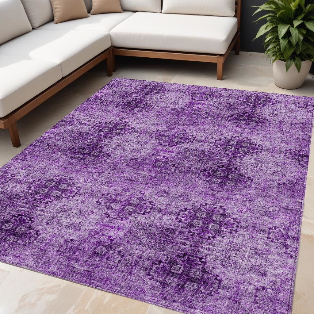 5' X 8' Eggplant Floral Medallion Washable Non Skid Indoor Outdoor Area Rug