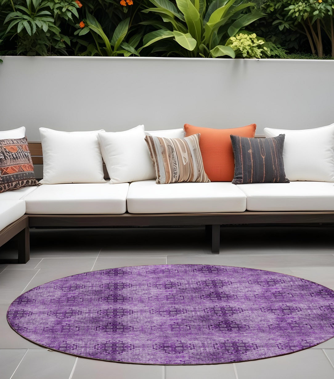 8' Round Eggplant Round Floral Medallion Washable Non Skid Indoor Outdoor Area Rug