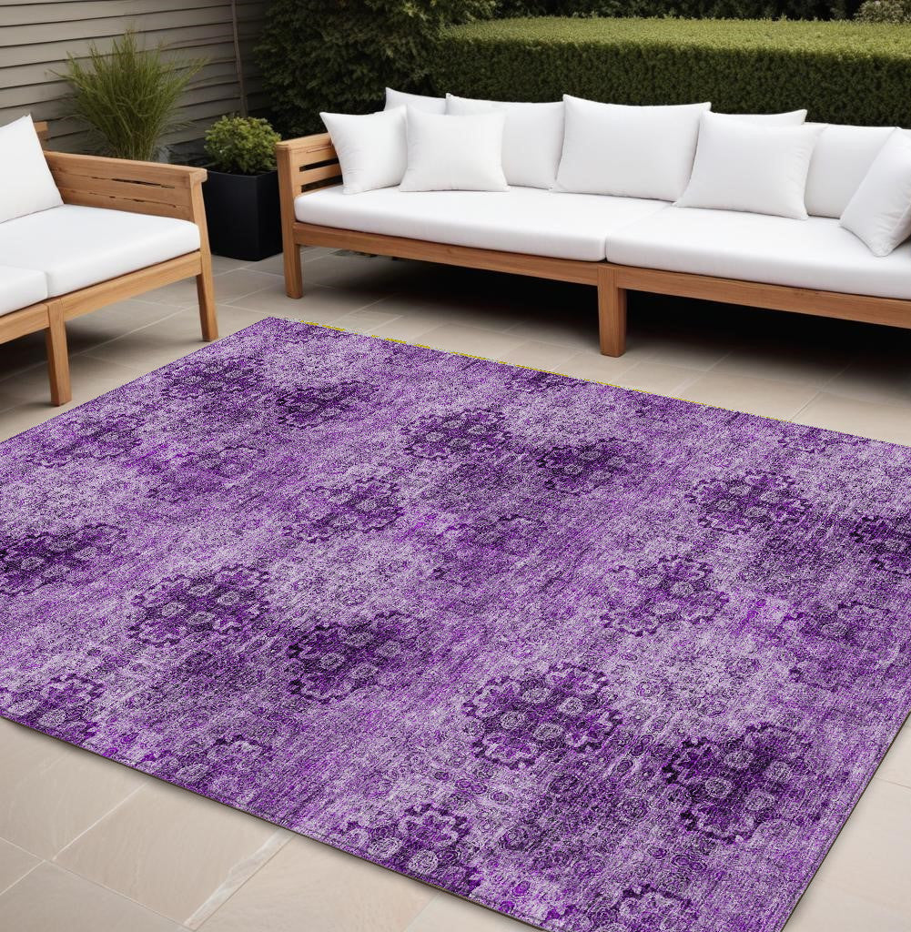 10' X 14' Eggplant Floral Medallion Washable Non Skid Indoor Outdoor Area Rug