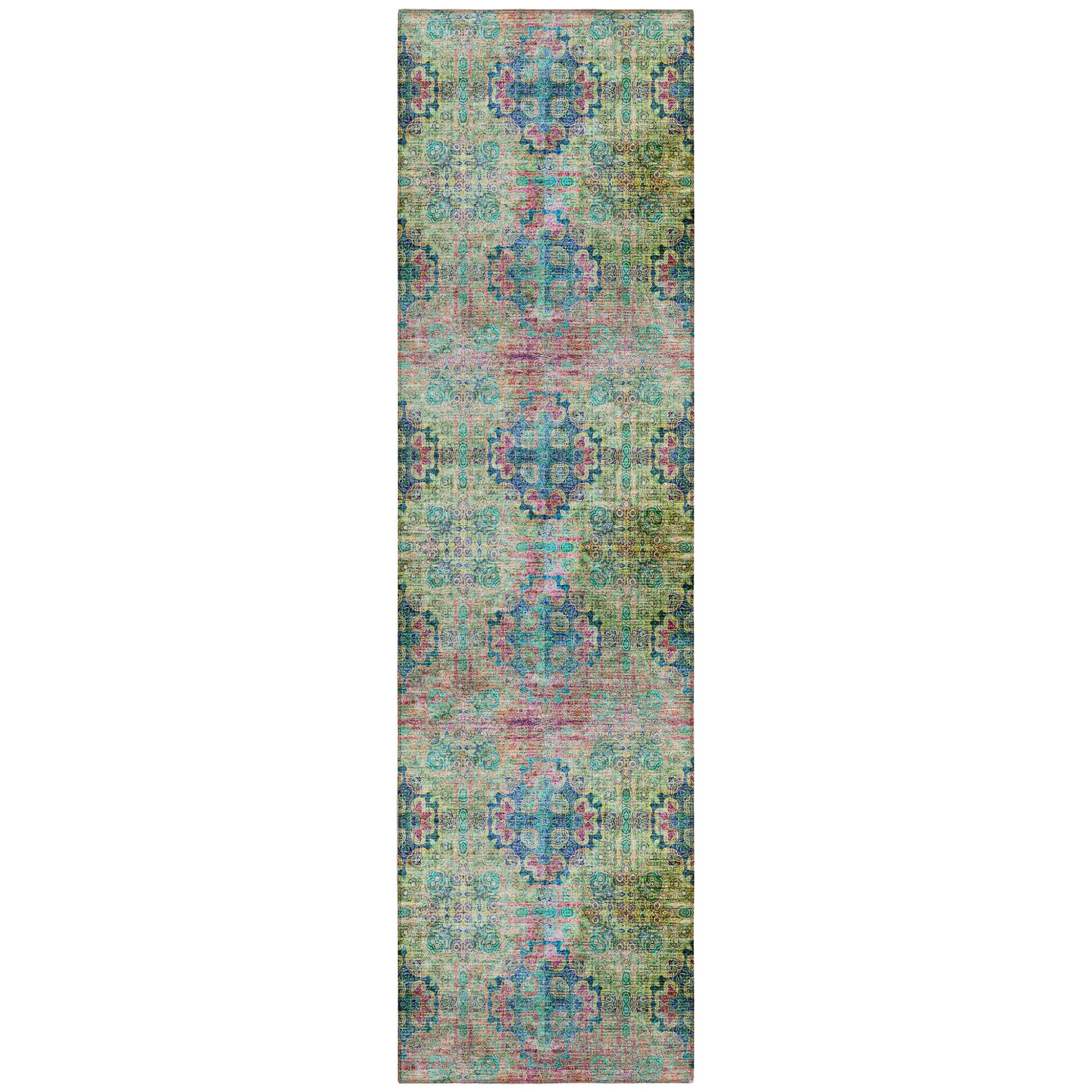 8' Runner Blue And Green Floral Medallion Washable Non Skid Indoor Outdoor Runner Rug