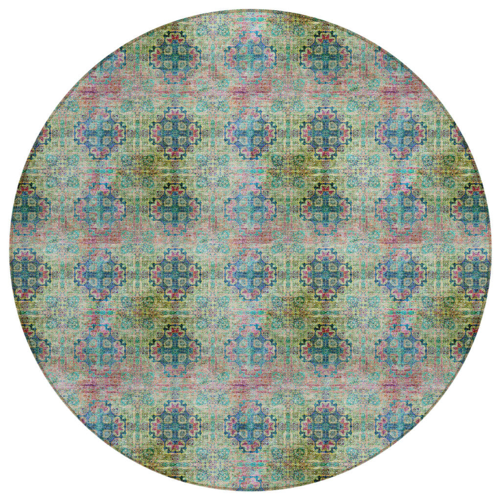 8' Round Blue And Green Round Floral Medallion Washable Non Skid Indoor Outdoor Area Rug