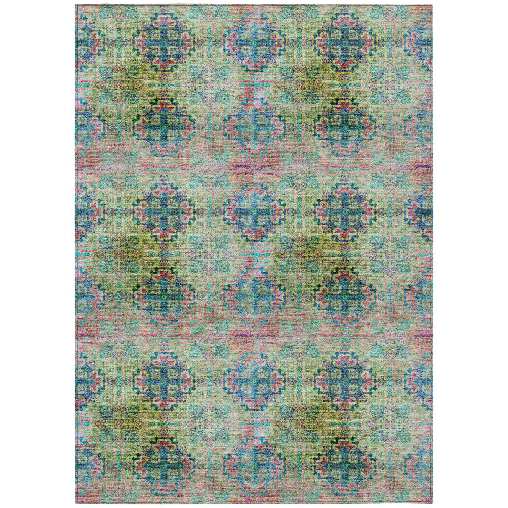 10' X 14' Blue And Green Floral Medallion Washable Non Skid Indoor Outdoor Area Rug