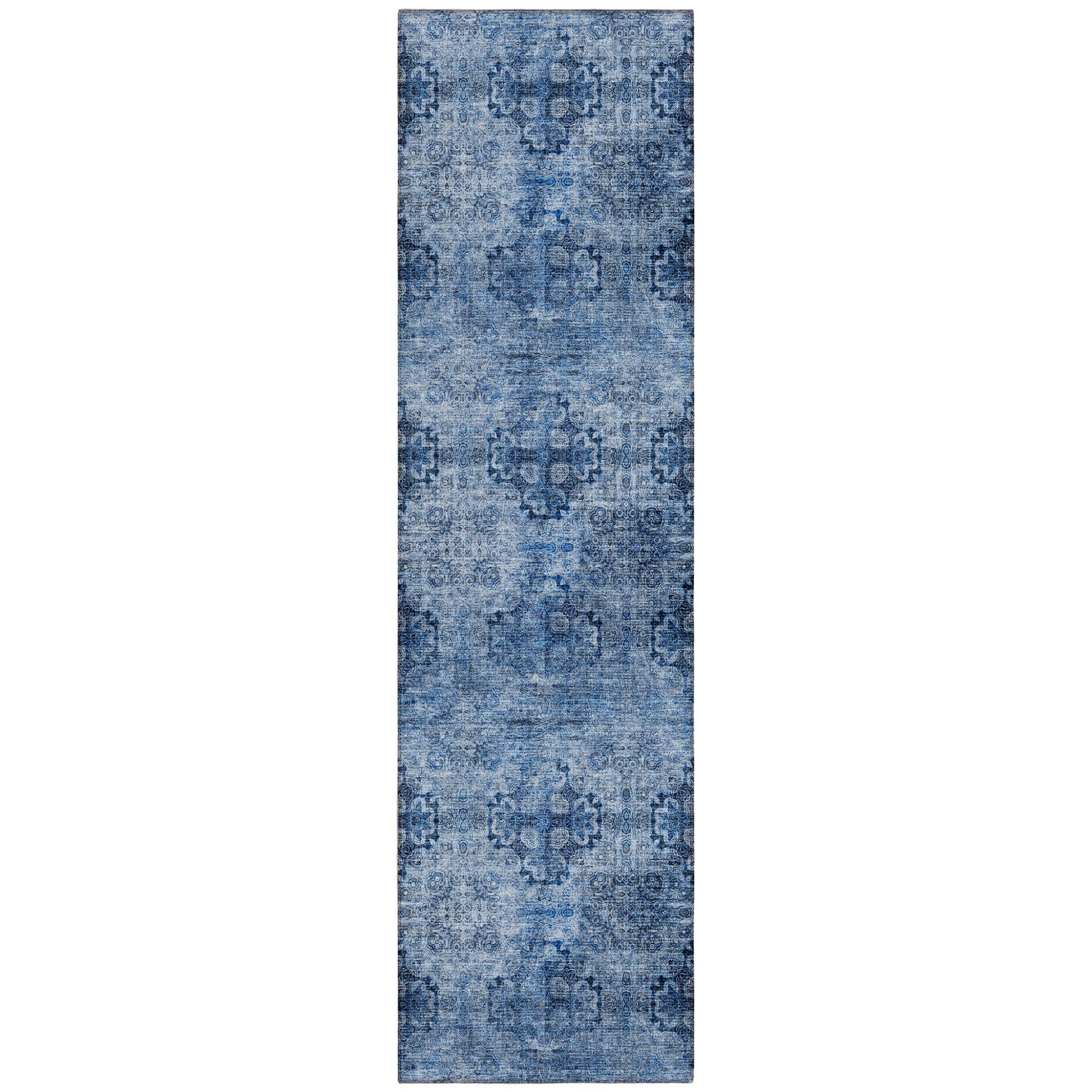 8' Runner Navy Blue Floral Medallion Washable Non Skid Indoor Outdoor Runner Rug