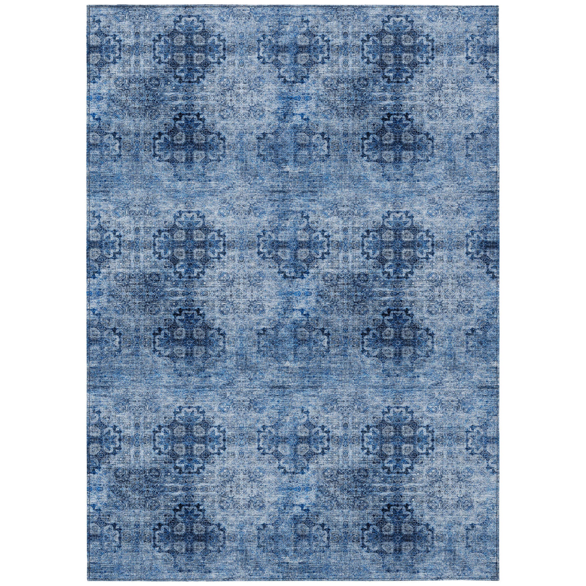 3' X 5' Navy Blue Floral Medallion Washable Non Skid Indoor Outdoor Area Rug