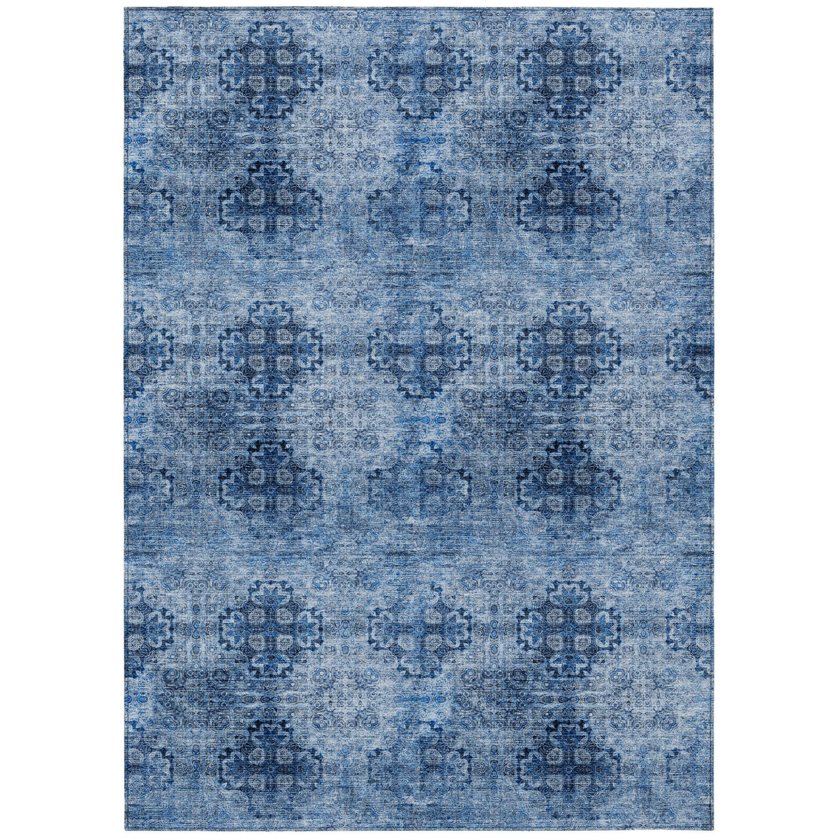 5' X 8' Navy Blue Floral Medallion Washable Non Skid Indoor Outdoor Area Rug