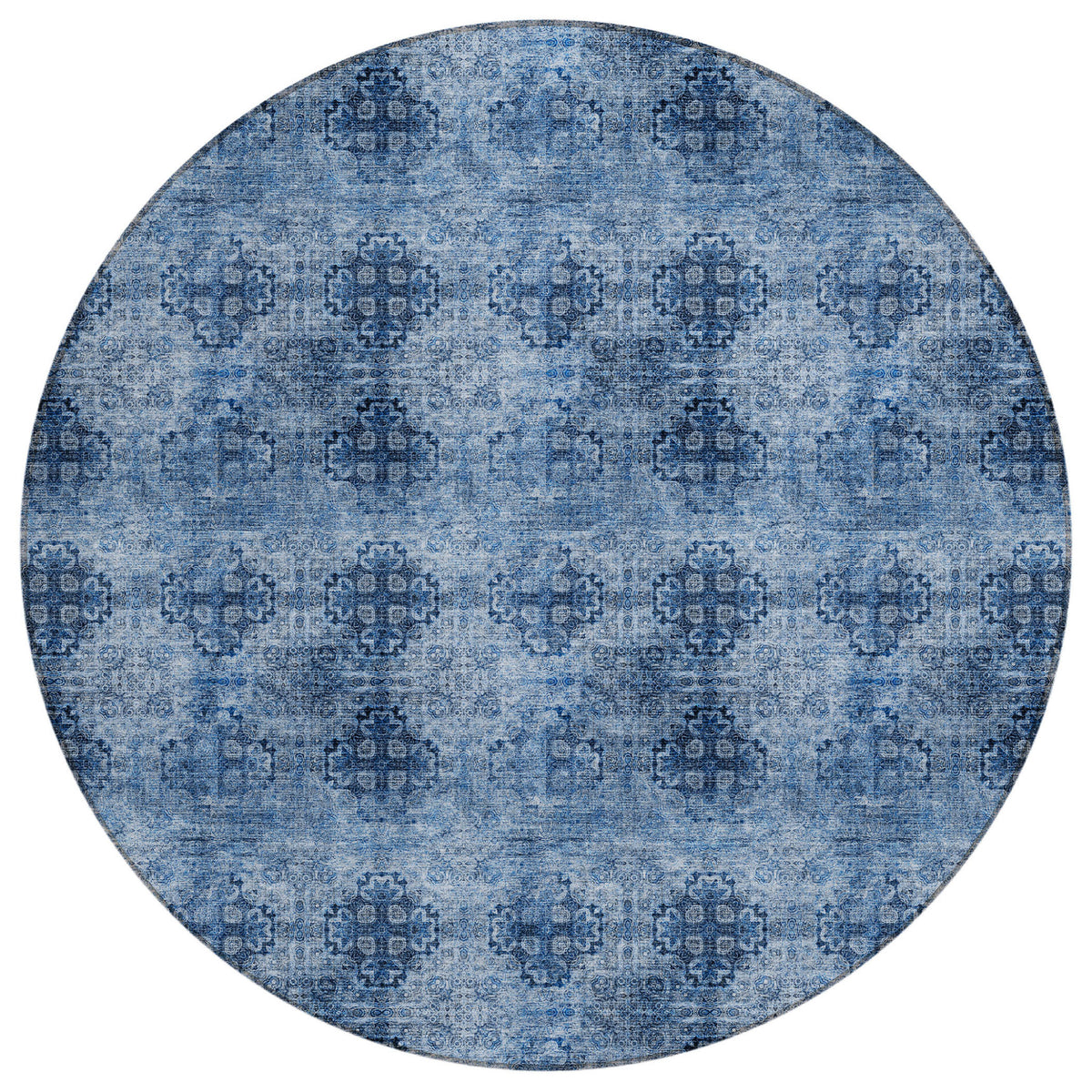 8' Round Navy Blue Round Floral Medallion Washable Non Skid Indoor Outdoor Area Rug