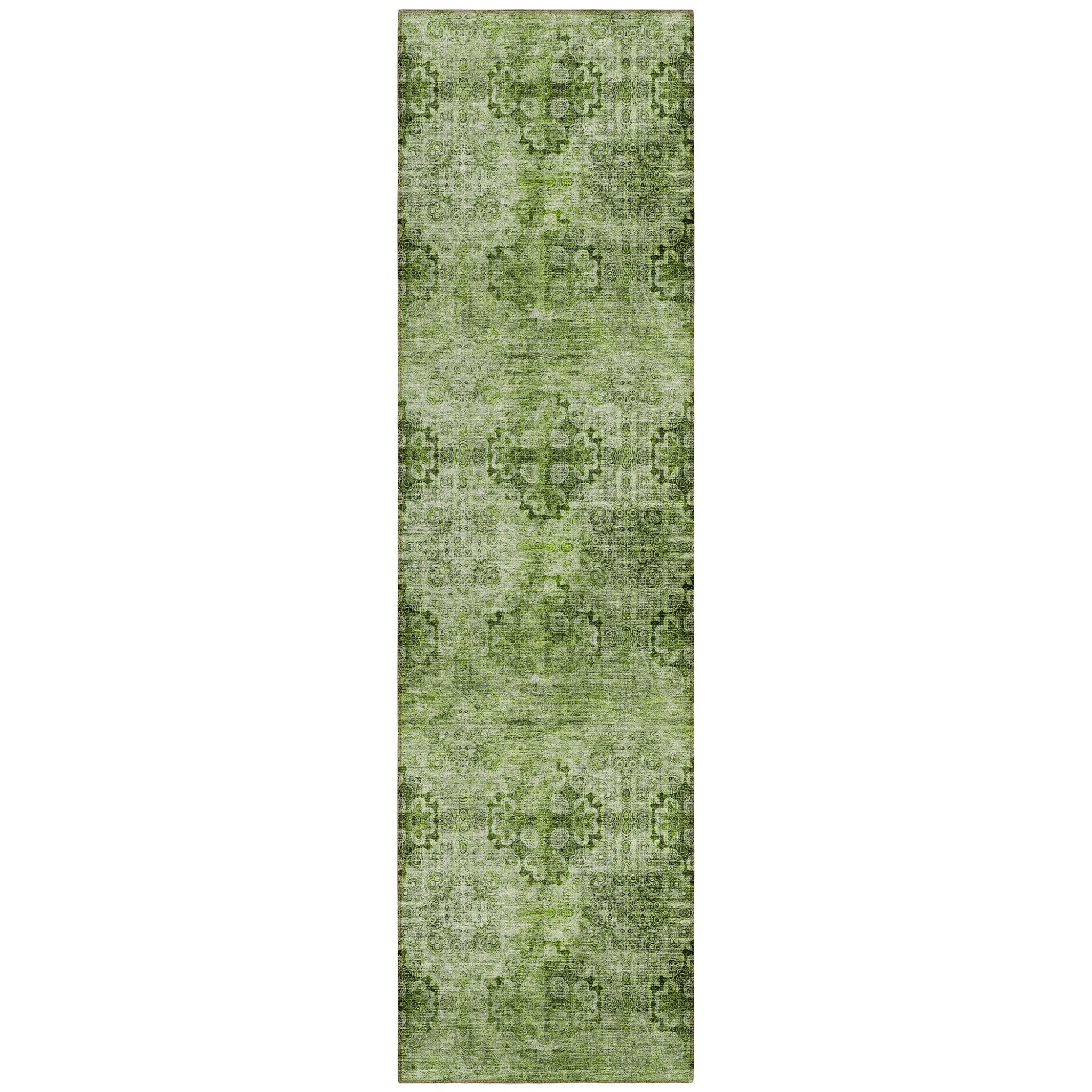8' Runner Olive Green Floral Medallion Washable Non Skid Indoor Outdoor Runner Rug